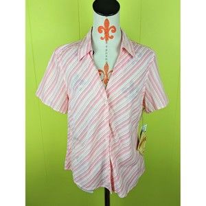 NWT Caribbean Joe Womens L Striped Pink Button Down Collared Short Sleeve Blouse